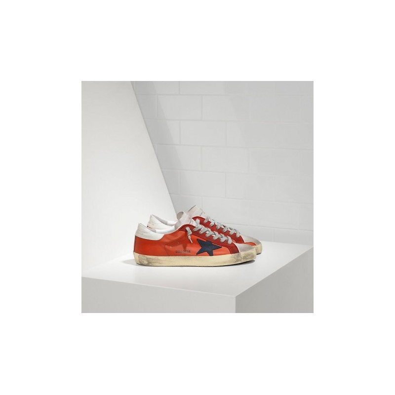Golden Goose Super Star Sneakers In Orange Red Leather With Black Suede Star Men